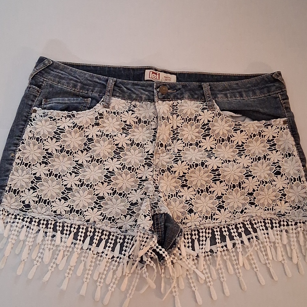 lei ashley lowrise Blue Denim Shorts with White Crochet Fringe